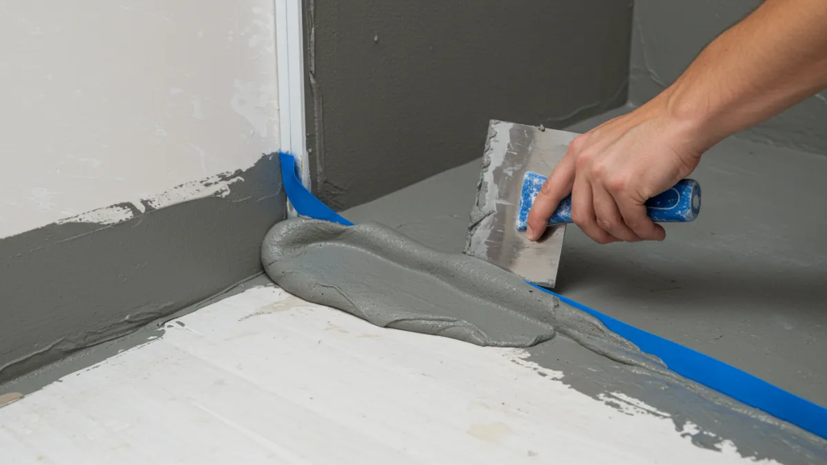 Applicazione di nastro sigillante elastico in un angolo della doccia prima dell'impermeabilizzazione.