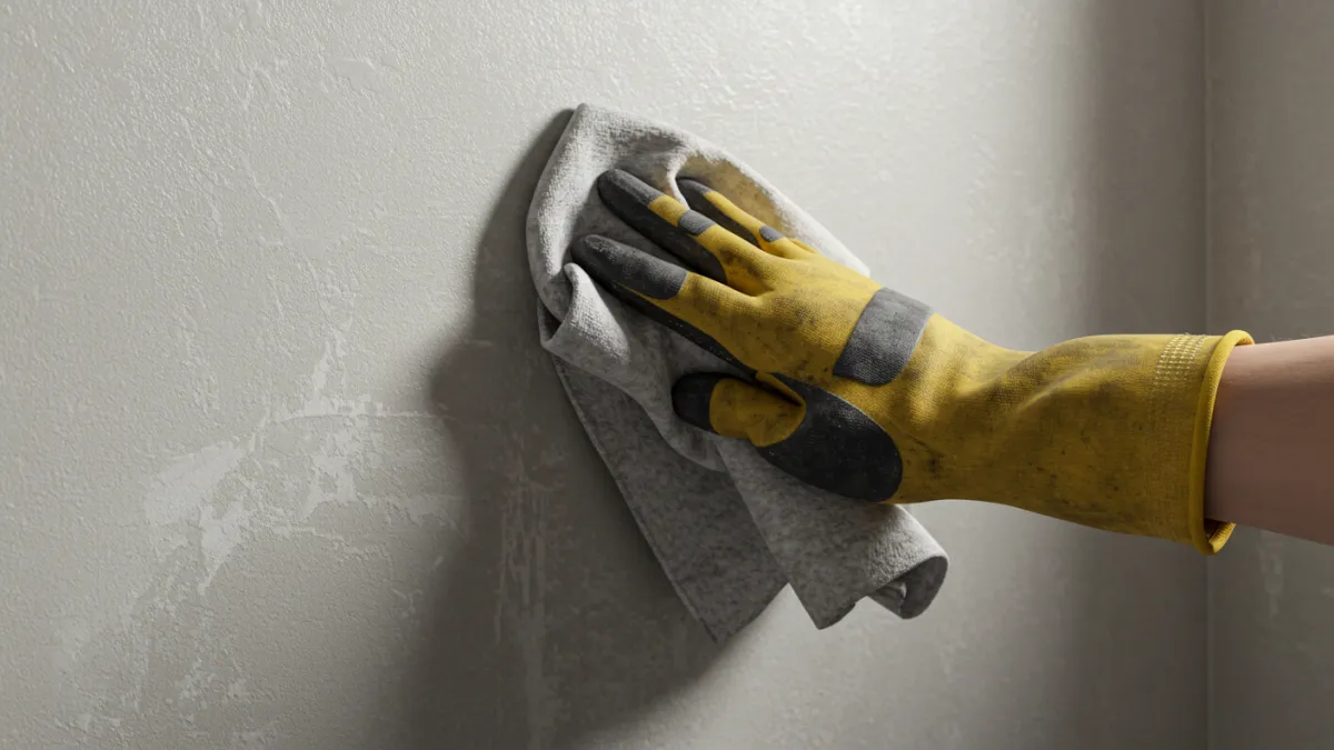 Mano che pulisce una parete del bagno prima dell'applicazione dell'impermeabilizzante.