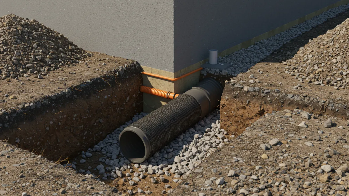 Installazione di tubo drenante e ghiaia alla base di un muro controterra.