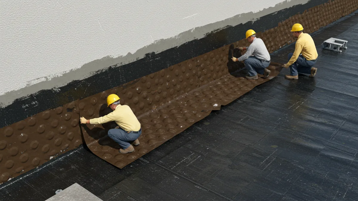 Applicazione di guaina bugnata protettiva sopra l'impermeabilizzazione esterna di un muro controterra.