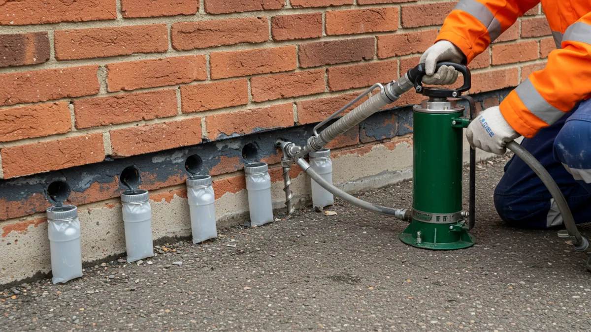 Iniezione di liquido per barriera chimica alla base di un muro umido.