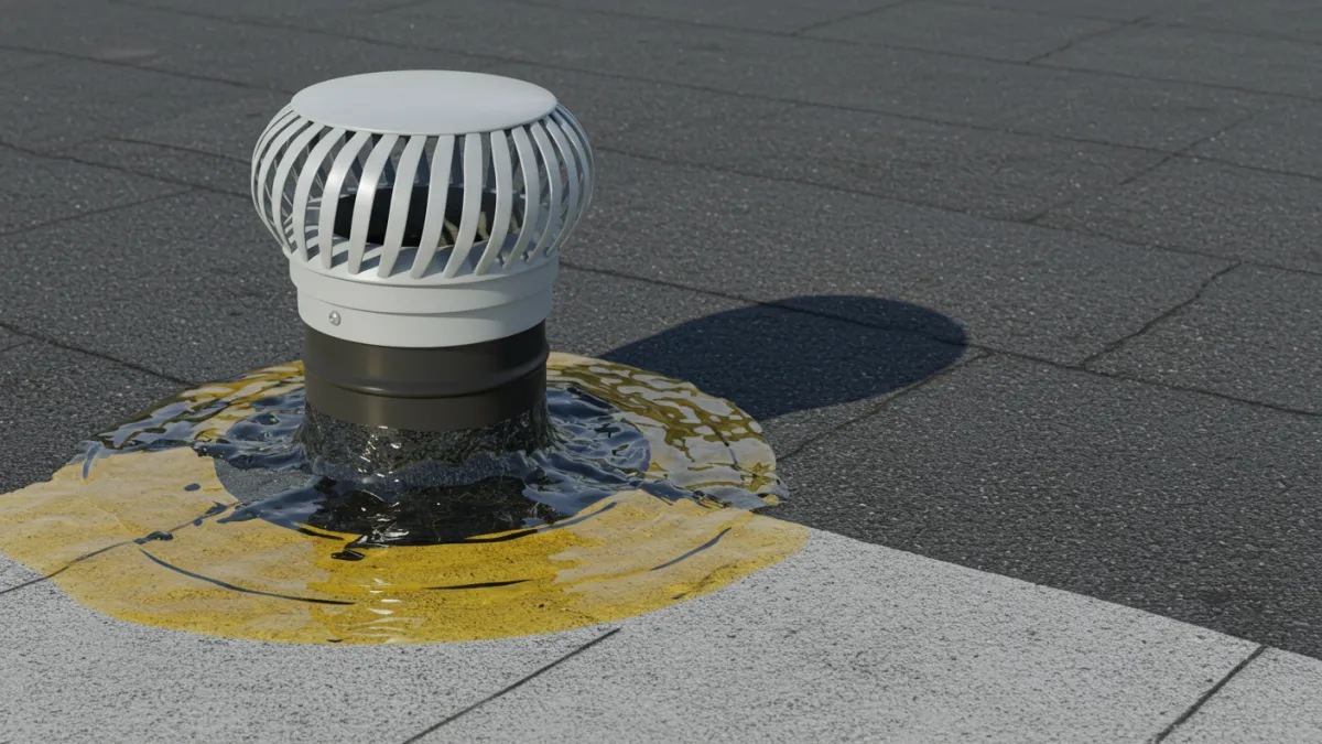 Impermeabilizzazione liquida applicata con cura attorno a un tubo passante sul tetto piano.