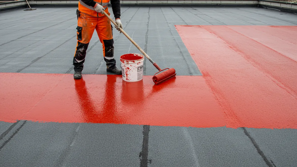 Applicazione di una resina impermeabilizzante liquida su tetto piano con rullo.