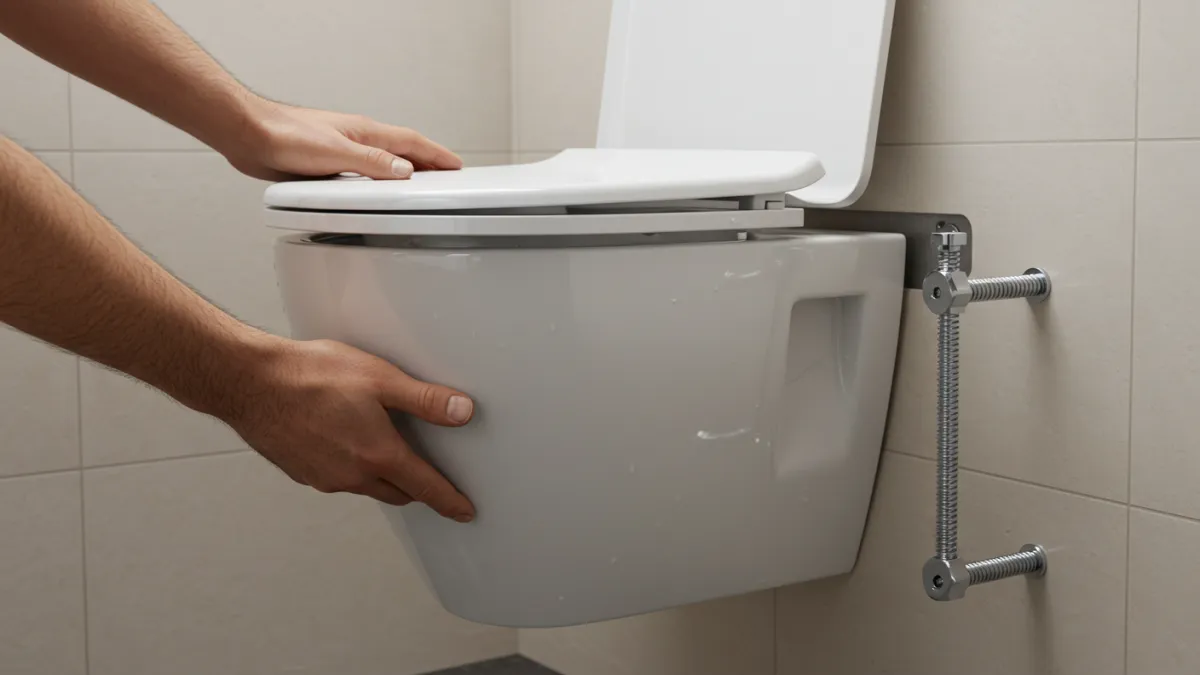 Montaggio del vaso WC sospeso sulle barre filettate del telaio a incasso.
