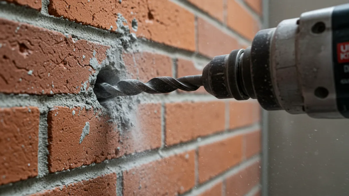 Trapano che esegue un foro passante nel muro esterno per il tubo del rubinetto.