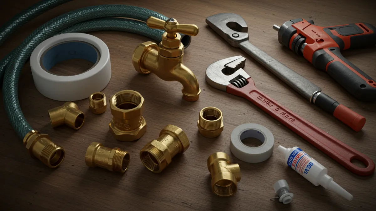 Selezione di materiali e attrezzi per l'installazione di un rubinetto esterno.