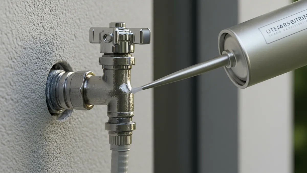 Sigillatura con silicone attorno alla base del rubinetto esterno contro il muro.