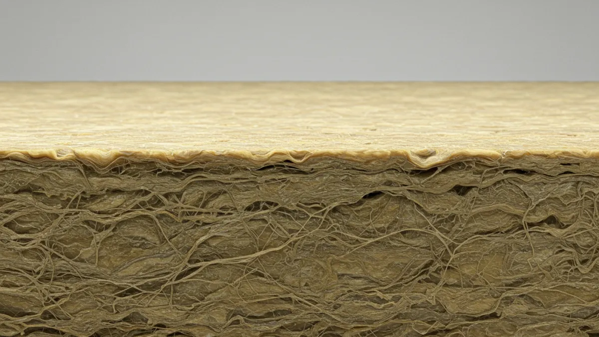 Dettaglio della texture fibrosa di un pannello isolante in lana di roccia.