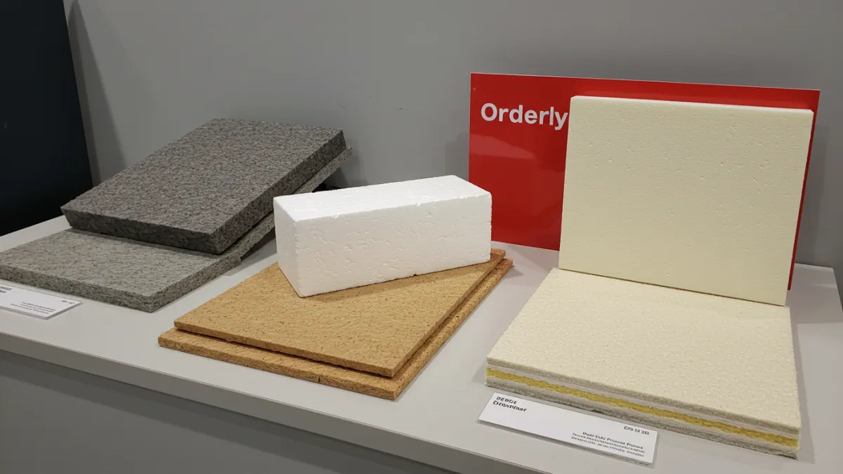 Campioni di diversi materiali isolanti per tetti (lana di roccia, EPS, fibra di legno, poliuretano).