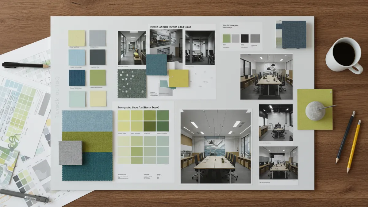 Moodboard con campioni di colore per ufficio focalizzati su produttività e benessere.
