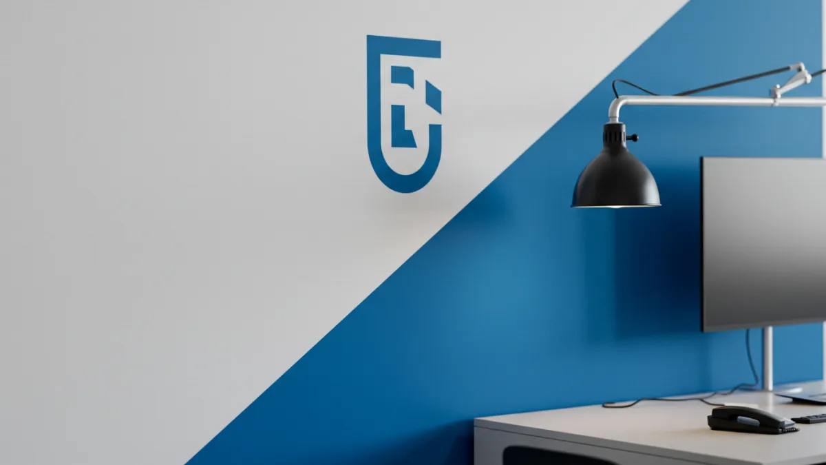 Parete di un ufficio tinteggiata con colori che richiamano il logo aziendale.