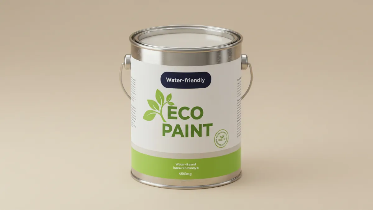 Etichetta di certificazione ecologica su un barattolo di pittura per interni.