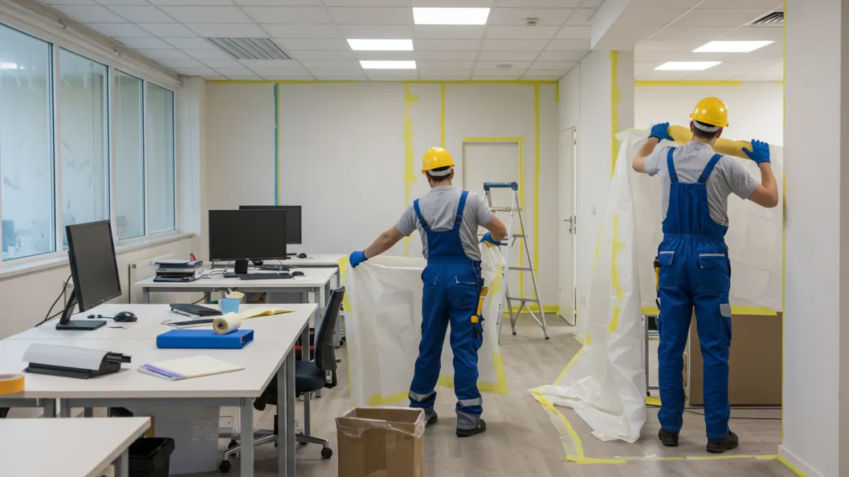 Operai edili che preparano una stanza d'ufficio per la tinteggiatura, coprendo mobili e nastrando bordi.