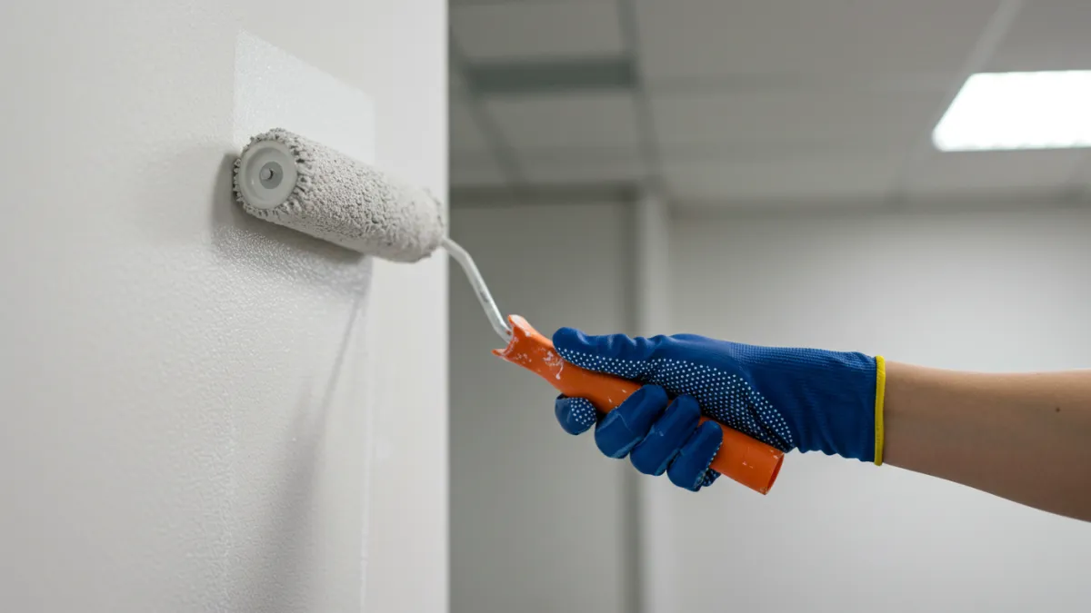 Tinteggiatore professionista che applica pittura di alta qualità su una parete ufficio.