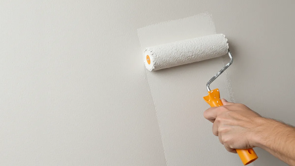 Applicazione di primer bianco su una parete con un rullo da pittura.