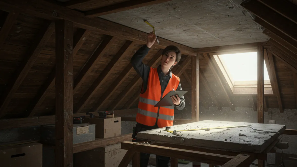 Tecnico che ispeziona la struttura portante del tetto nel sottotetto.