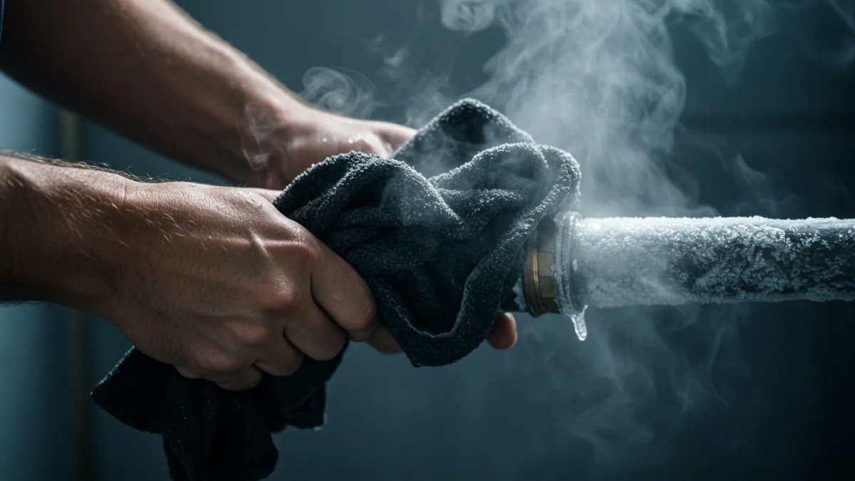 Applicazione di panni caldi su un tubo idraulico per sgelarlo.
