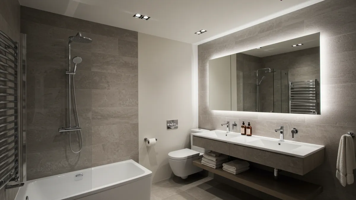 Bagno moderno con illuminazione diffusa e luci specifiche attorno allo specchio.