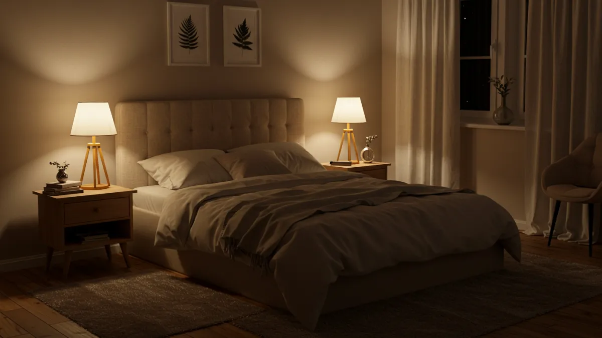 Camera da letto con illuminazione soffusa generale e abat-jour sui comodini.
