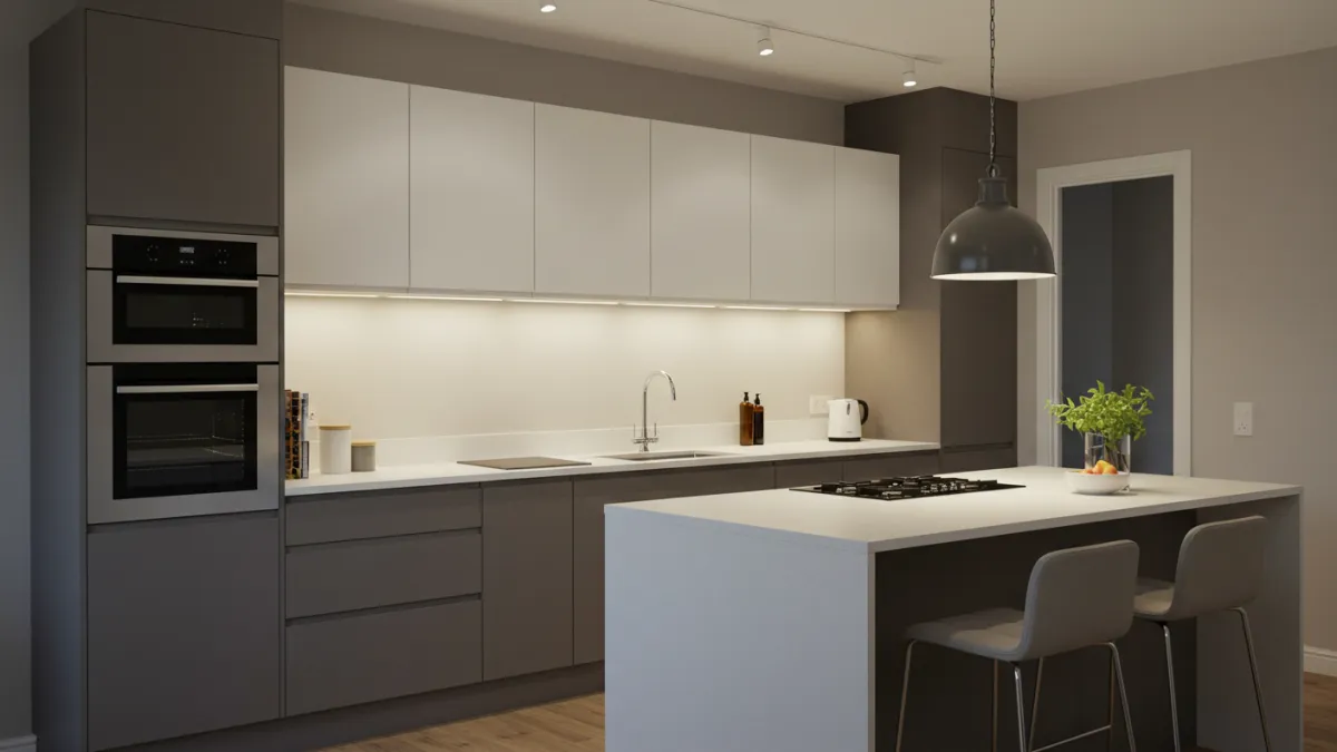 Cucina moderna con illuminazione sotto i pensili e faretti sul piano di lavoro.