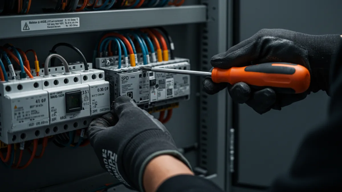 Elettricista professionista mentre installa con cura uno scaricatore di sovratensione (SPD) in un quadro elettrico.