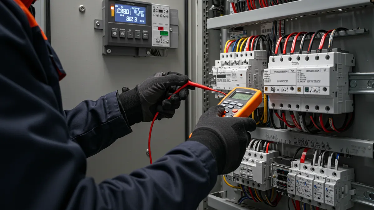 Tecnico specializzato che esegue la verifica strumentale di un dispositivo di protezione da sovratensioni (SPD) in un quadro elettrico.