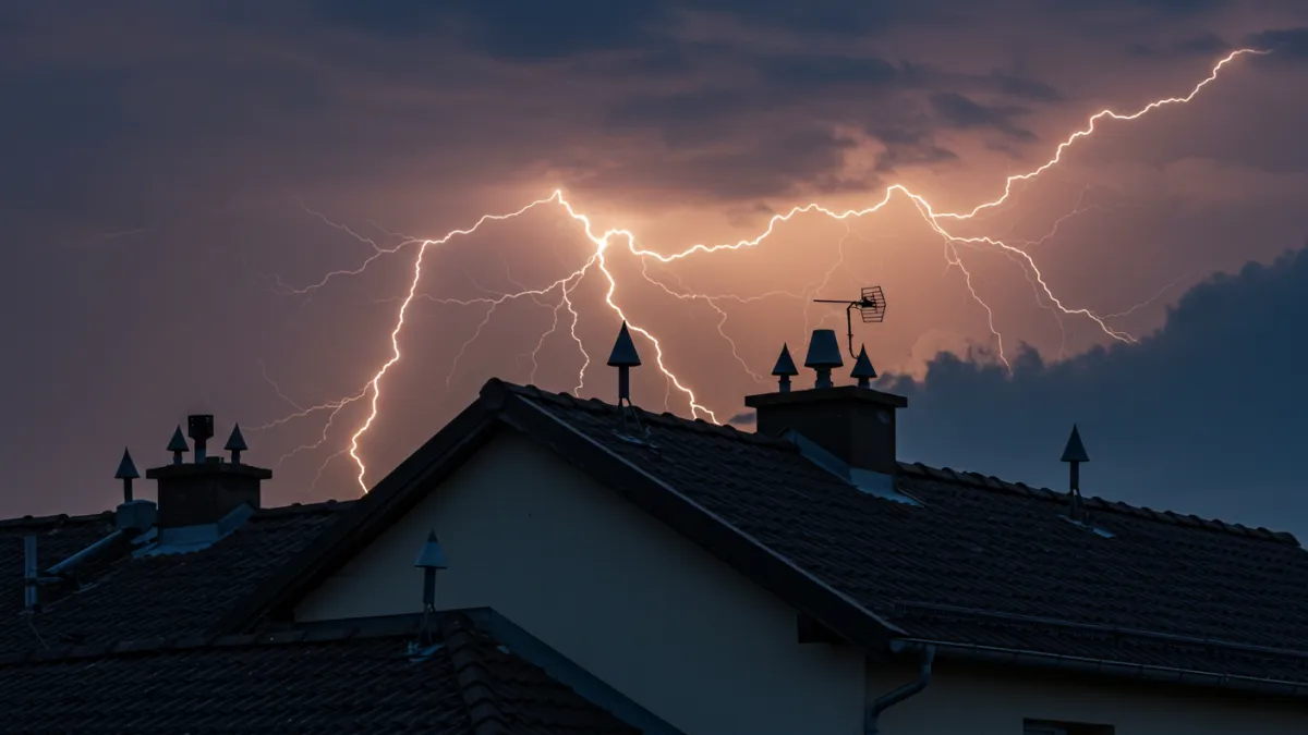Sistema parafulmine (LPS) installato sul tetto di un edificio per la protezione contro le scariche atmosferiche dirette.