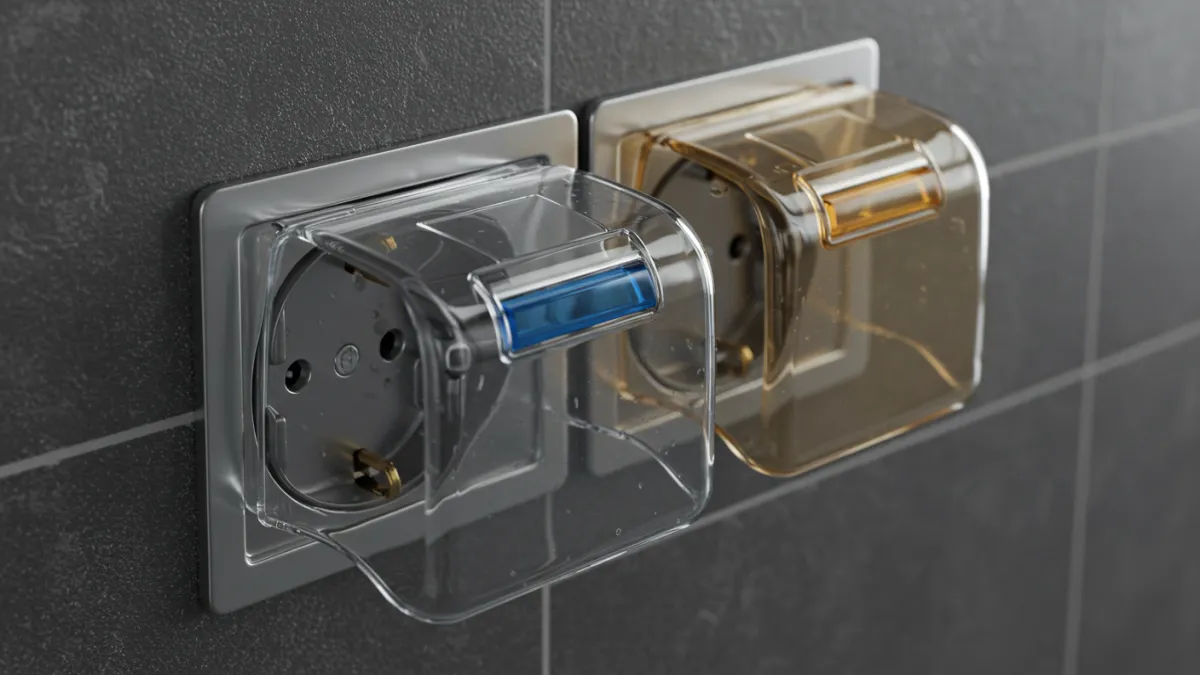 Presa elettrica stagna con coperchio protettivo in un bagno.