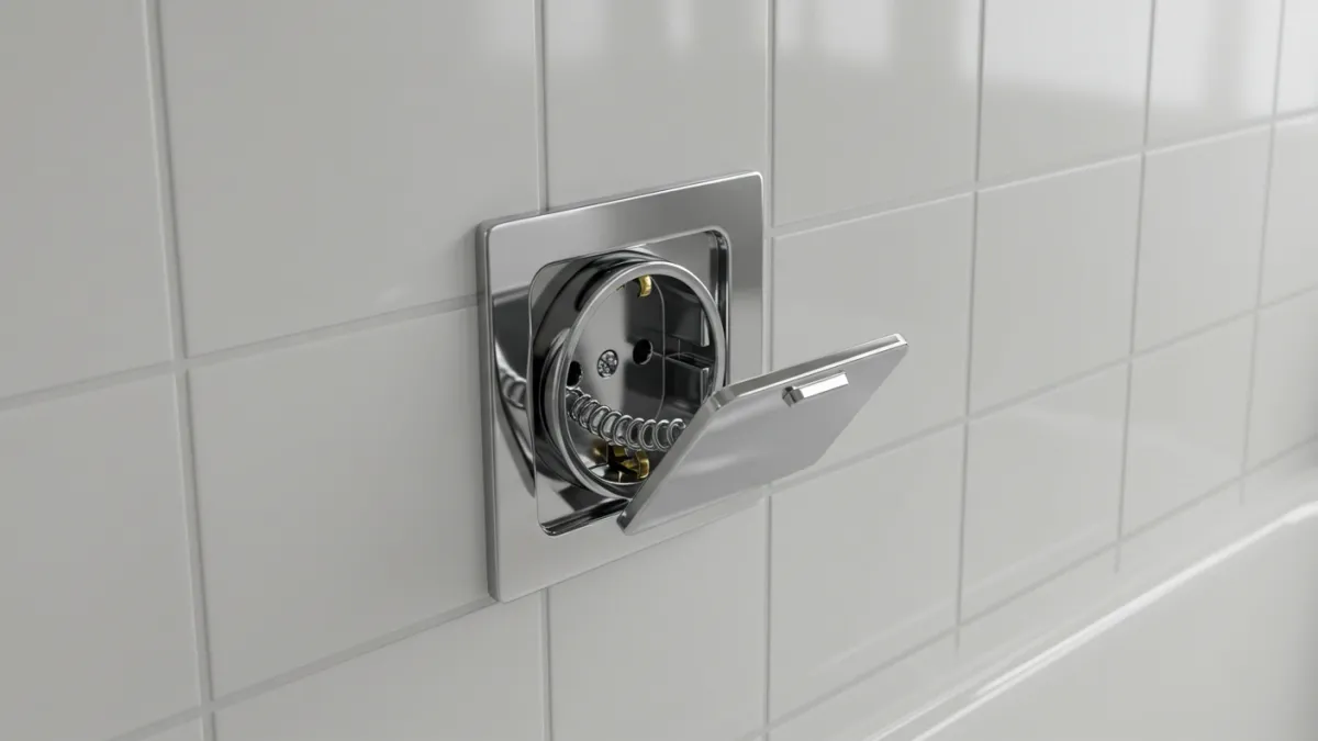 Presa elettrica con coperchio protettivo installata in sicurezza in bagno.