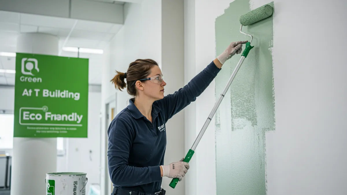 Imbianchino che applica pittura ecologica con attenzione per minimizzare gli sprechi.