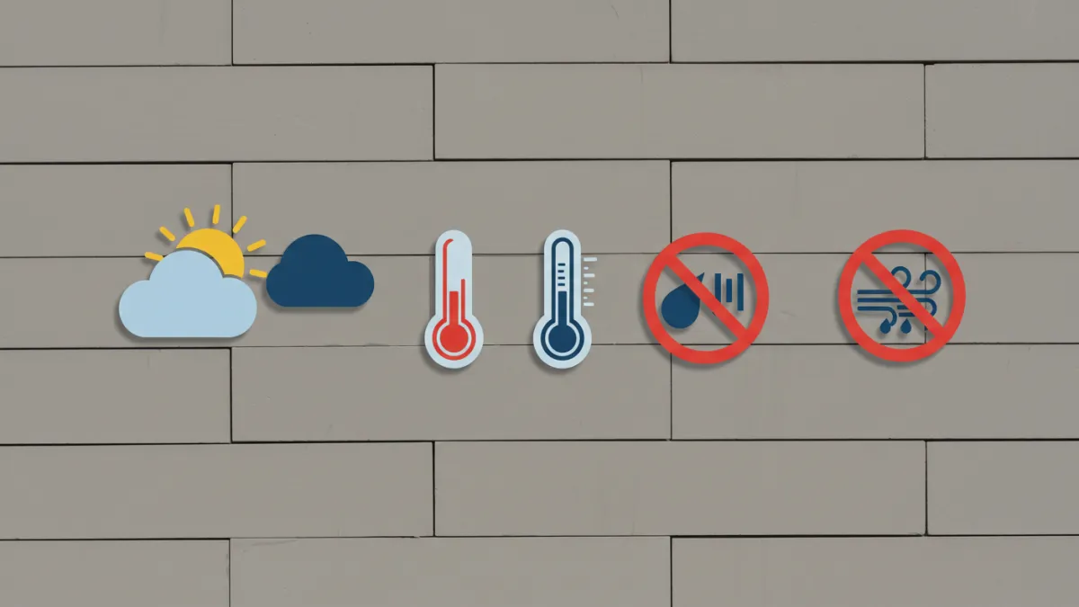 Icone meteo (sole, nuvola, termometro) e icona sicurezza (casco) sovrapposte a facciata casa