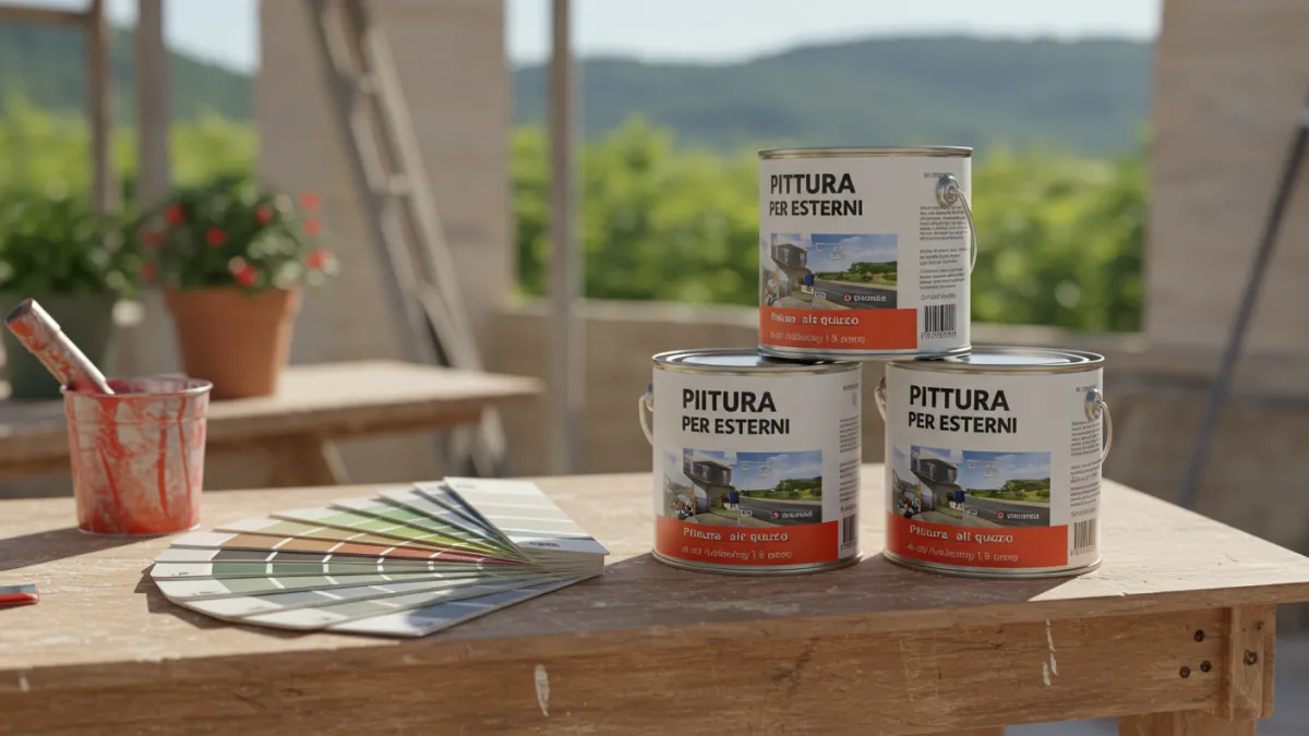 Barattoli di pittura specifica per esterni e campioni colore su tavolo