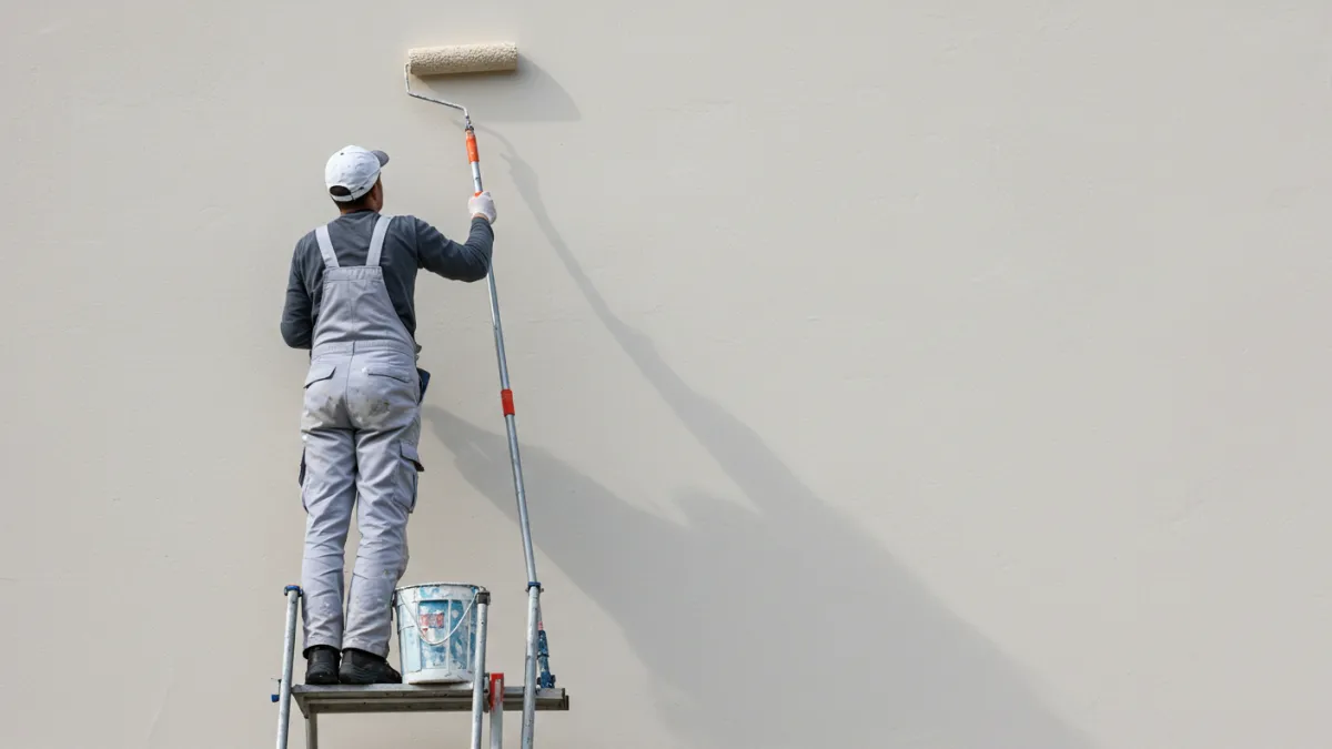 Imbianchino su scala applica pittura esterna con rullo su facciata