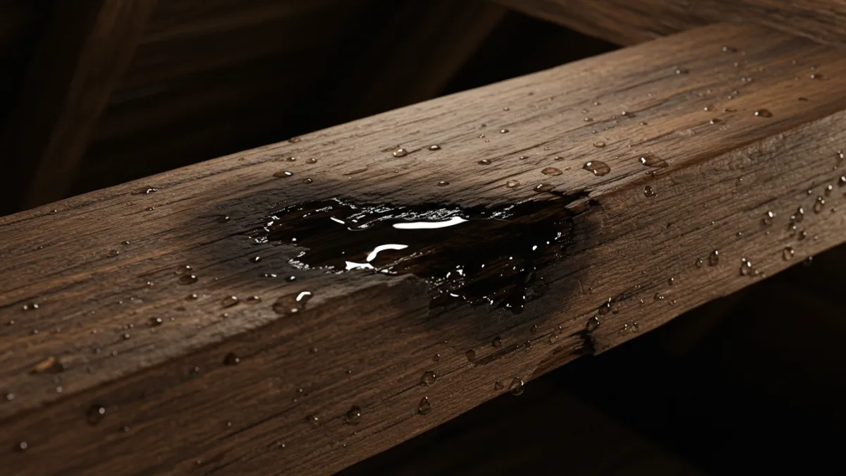 Dettaglio di una trave di legno nel sottotetto con evidenti macchie di umidità.