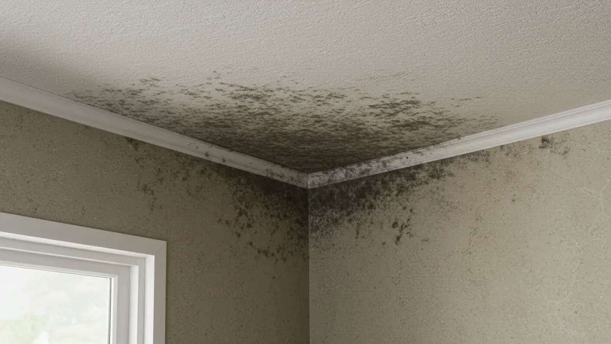 Macchia di muffa scura su un angolo del soffitto, segno di umidità.