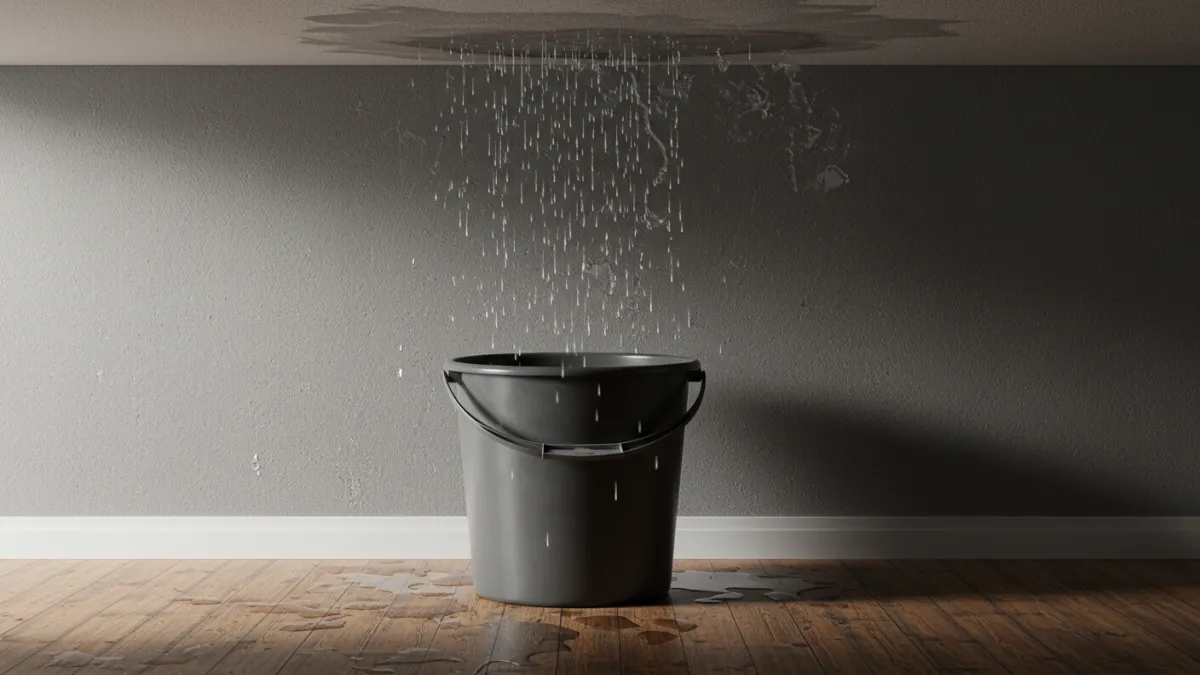 Secchio posizionato strategicamente per raccogliere gocce d'acqua dal soffitto.