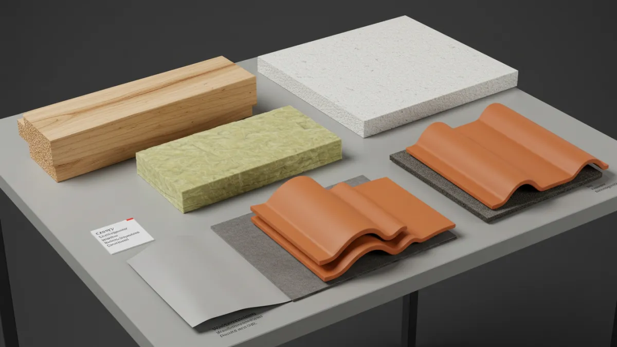 Campioni di materiali diversi per il rifacimento tetto: legno, isolante, tegole.