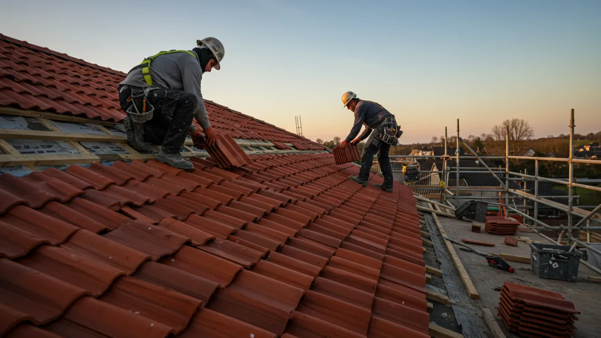Operai che posano con cura le nuove tegole sulla copertura del tetto in rifacimento.