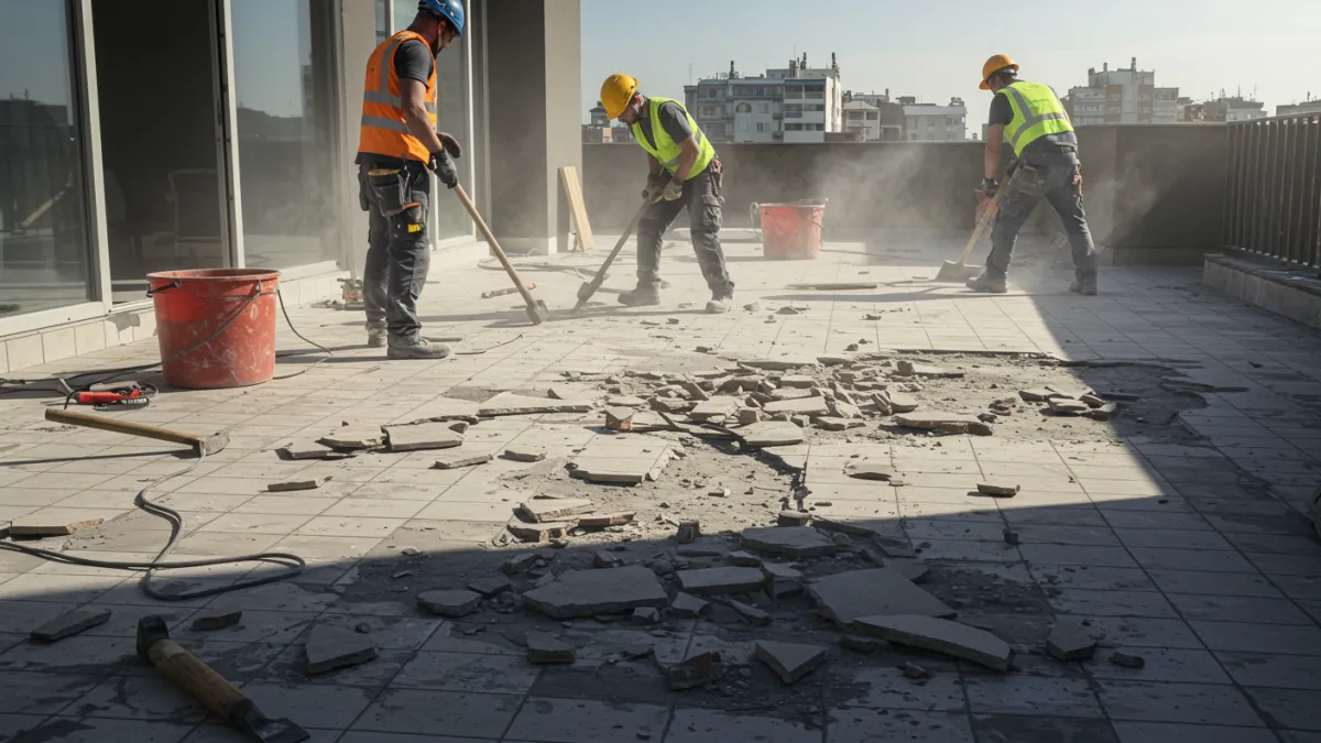 Operai che demoliscono la vecchia pavimentazione e il massetto di un terrazzo.