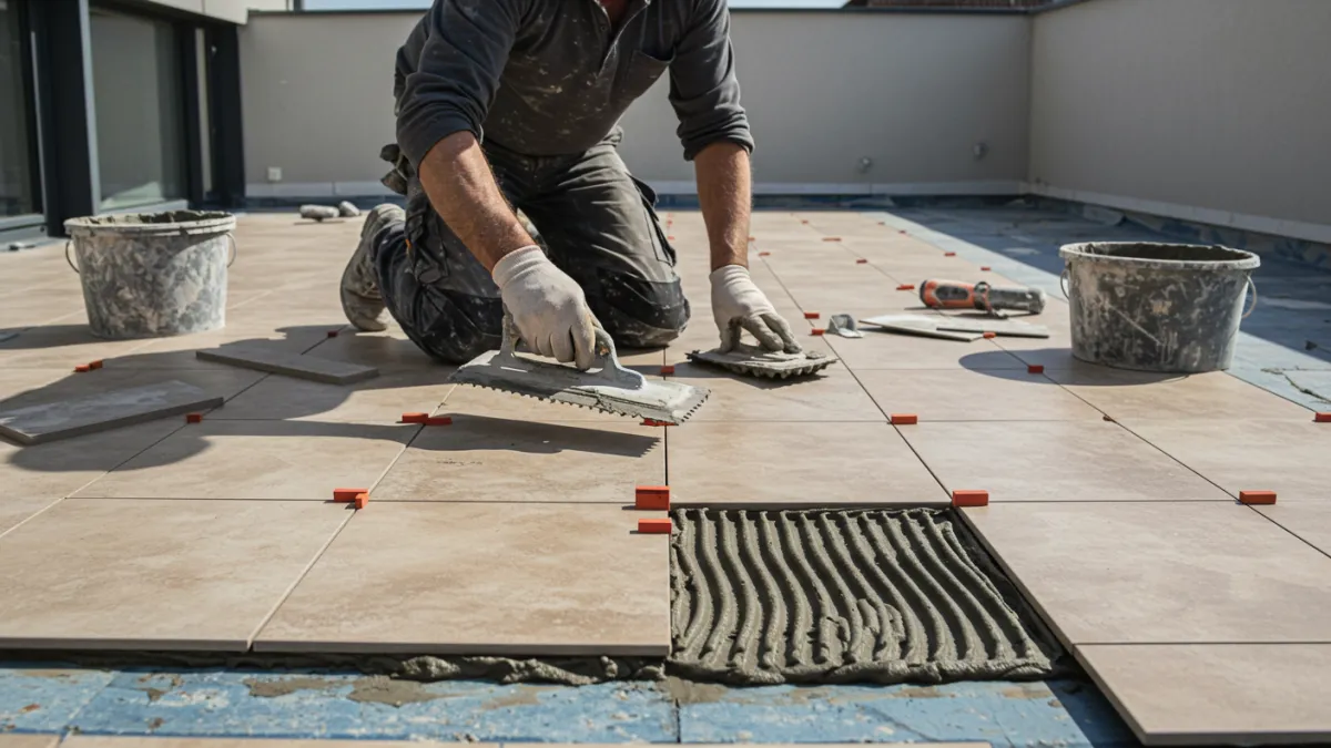 Posa di nuove piastrelle sul terrazzo dopo il rifacimento dell'impermeabilizzazione.