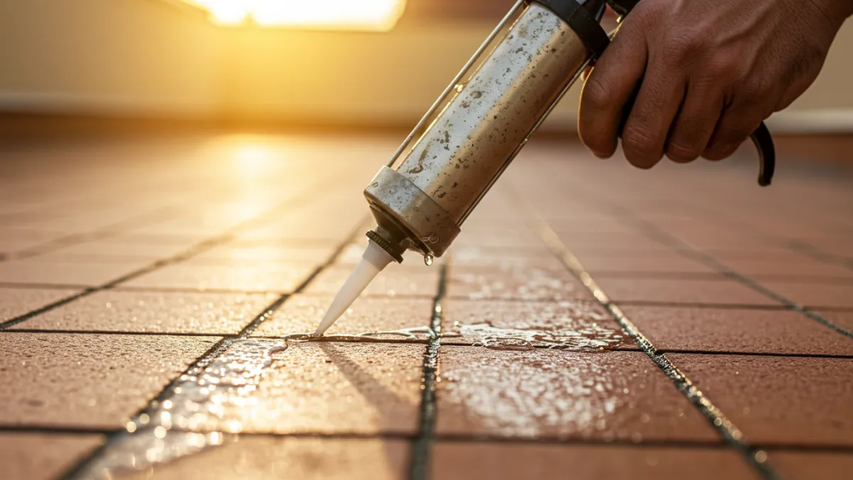 Applicazione di sigillante trasparente su fughe di un terrazzo piastrellato.
