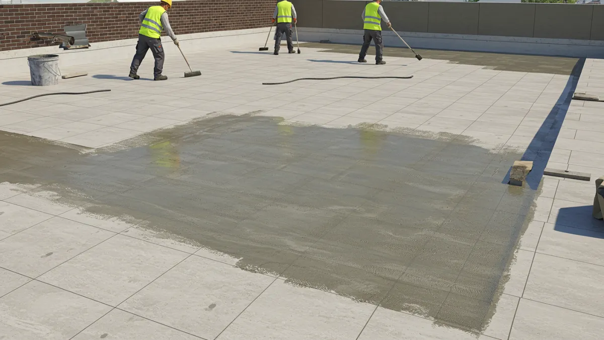Applicazione di resina impermeabilizzante trasparente con rullo su terrazzo piastrellato.