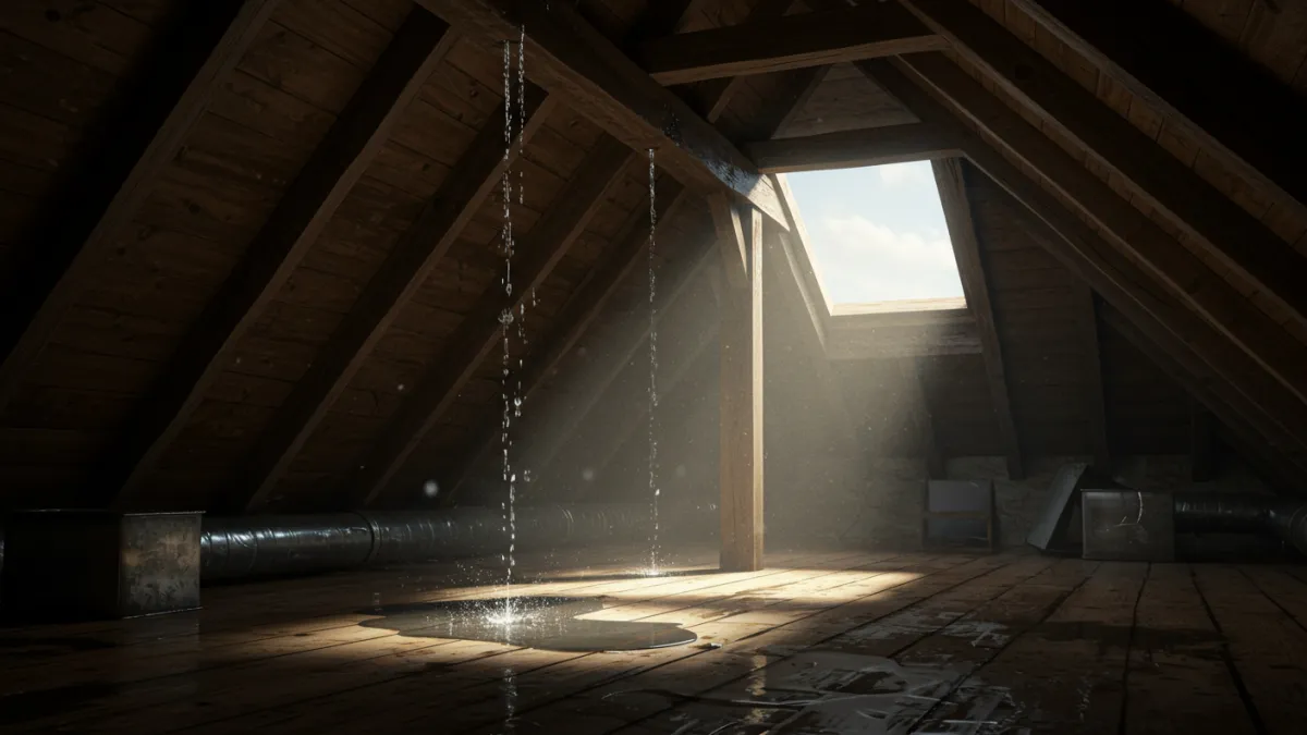 Gocce d'acqua che cadono dal soffitto in un sottotetto, segno di infiltrazione dal tetto.