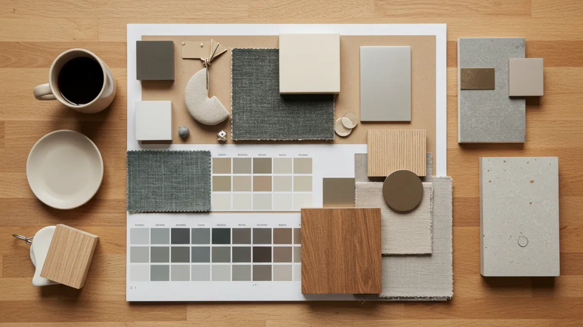Moodboard con campioni di colore, tessuti e materiali che mostrano un abbinamento armonioso.
