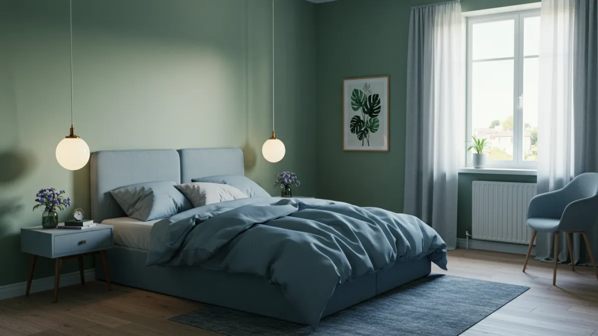 Interno di una stanza da letto con colori tinteggiatura rilassanti come il blu e il verde salvia.