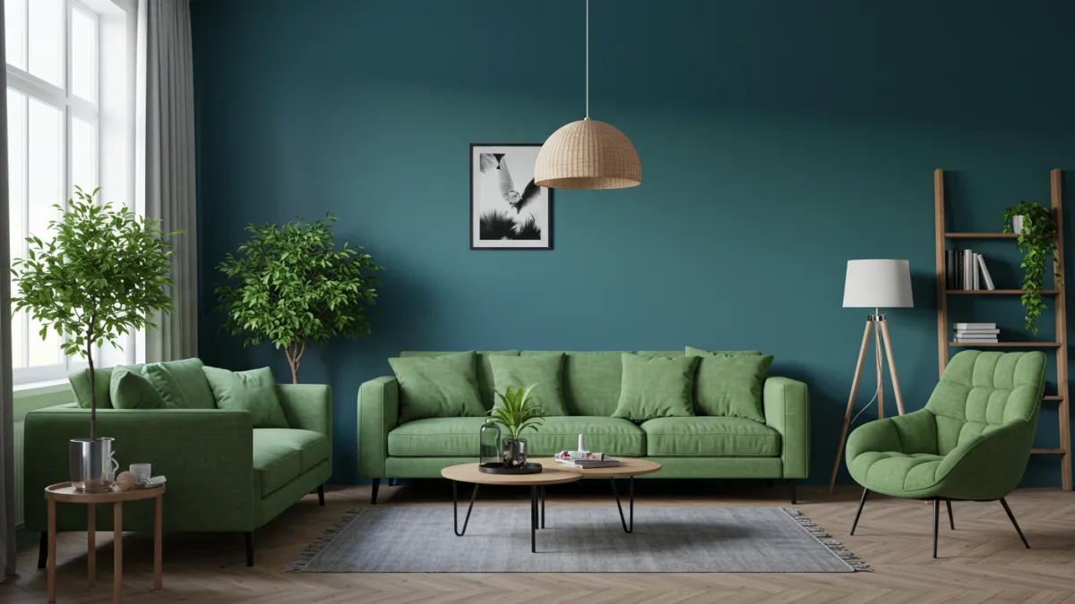 Soggiorno moderno con parete d'accento tinteggiata in un colore di tendenza 2025, come un blu profondo o un terracotta.