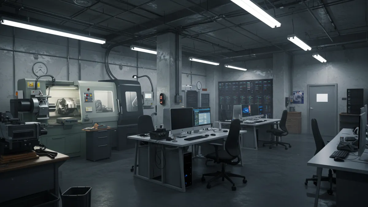 Interno di un piccolo laboratorio artigianale o ufficio con macchinari e luci accese.