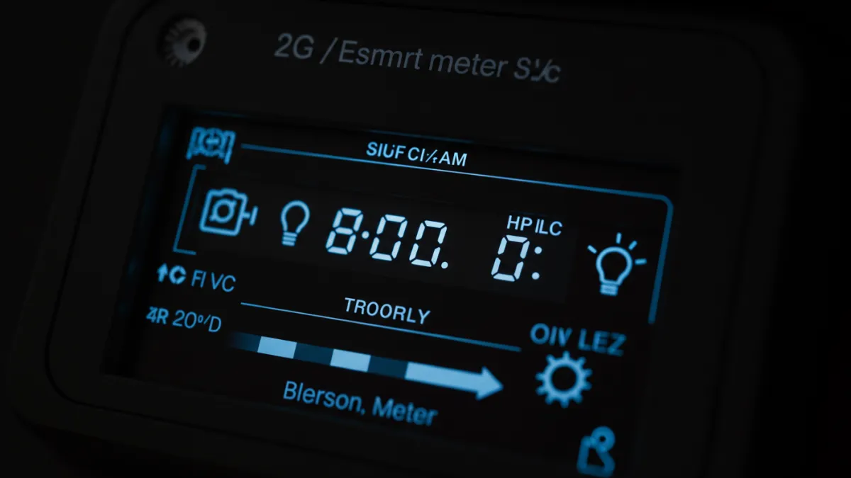 Dettaglio del display di uno smart meter (contatore elettronico 2G) che mostra dati di consumo.