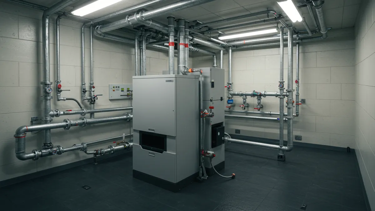 Locale tecnico ordinato con una caldaia a pellet efficiente collegata all'impianto di riscaldamento centralizzato.