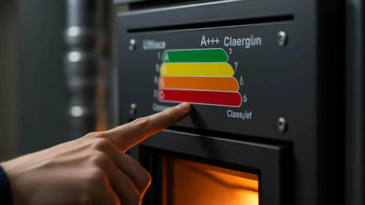Etichetta energetica di un apparecchio a pellet che mostra un'alta classe di efficienza, con una mano che la indica.